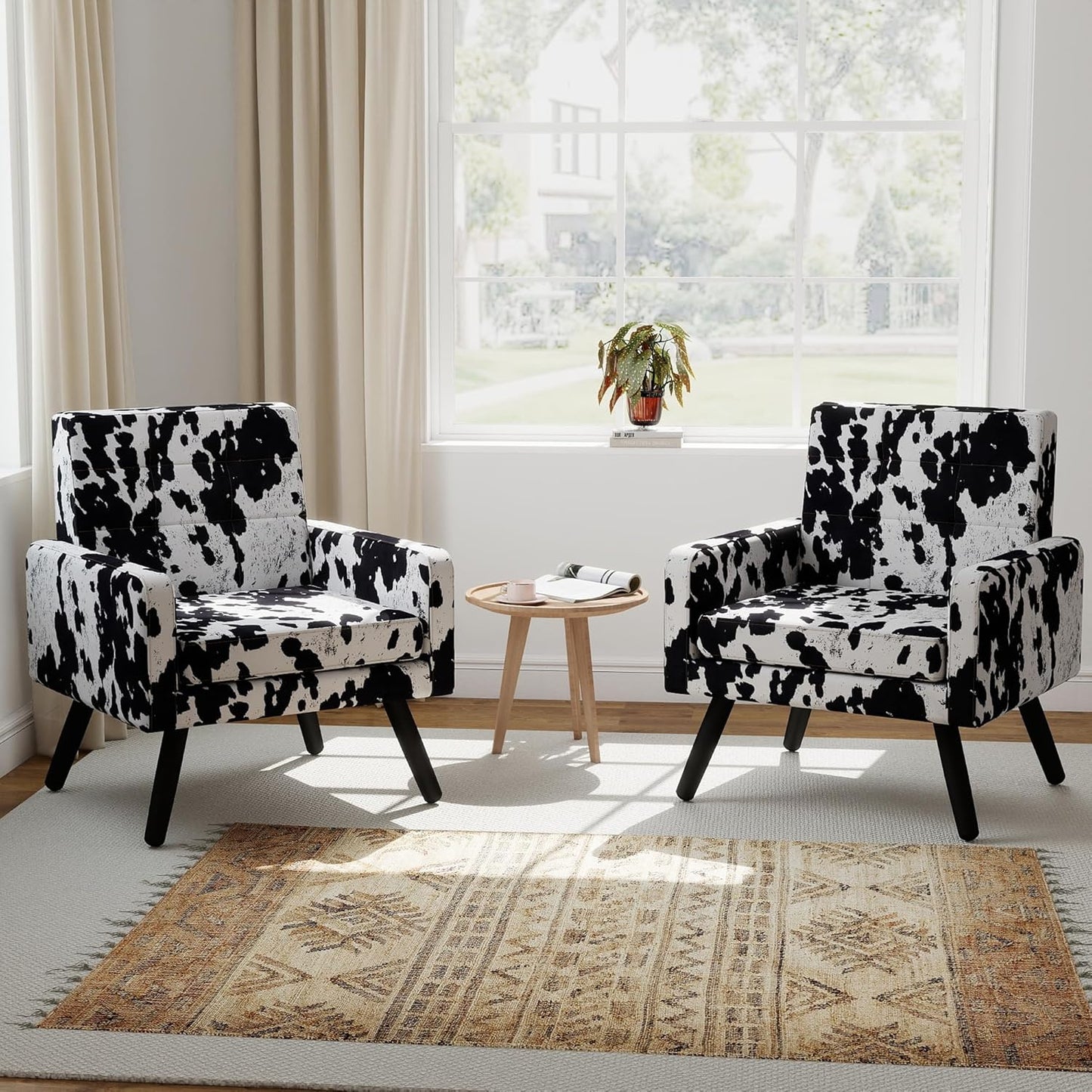 Kromax Mid-Century Modern Accent Chair Set of 2 for Living Room, 496 Lb. Weight Capacity, Dual Armrests, Comfy Extra Large Seat, Timeless Style Perfect for Reading & Relaxing, Cow Pattern