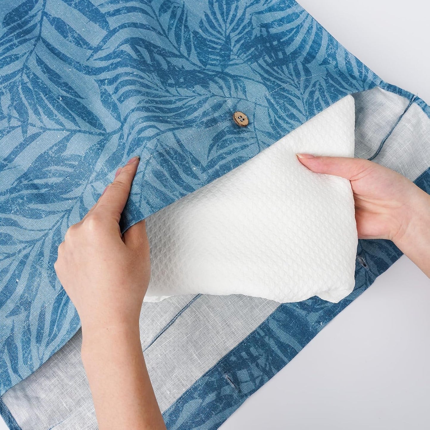 Linen Hanging Laundry Bag, 100% Linen Leaf Print Over The Door Laundry Hamper with Buttons and Zipper, Space Saving Door Hampers for Laundry Dirty Clothes Home Travel, Blue, 19.7x27.5inches