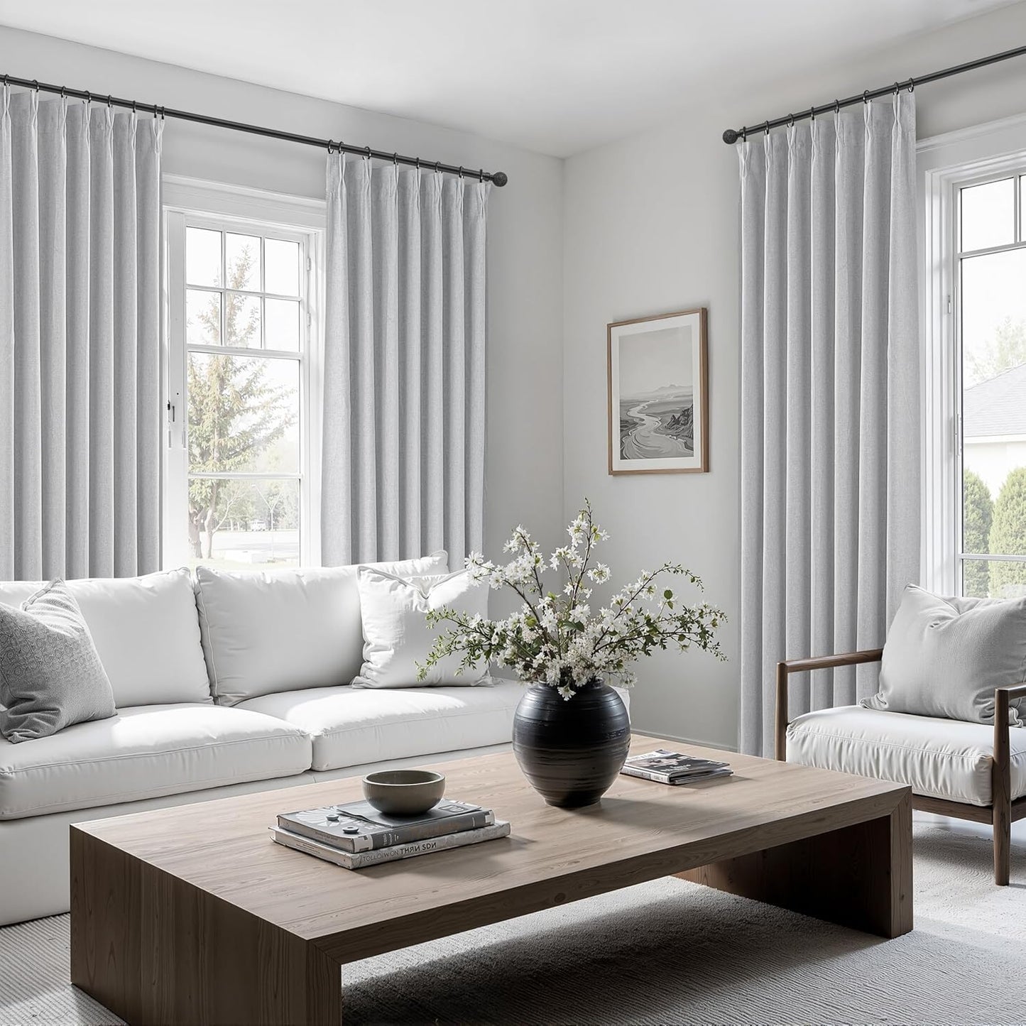 Light Grey Black Out Curtains 96 Inch Long for Living Room, Pinch Pleated Flax Linen Modern Insulated Drapes with Hooks Bedroom Curtain 2 Panels Set Soundproof Privacy Windows (40"Wx96"Lx2 Light Gray)