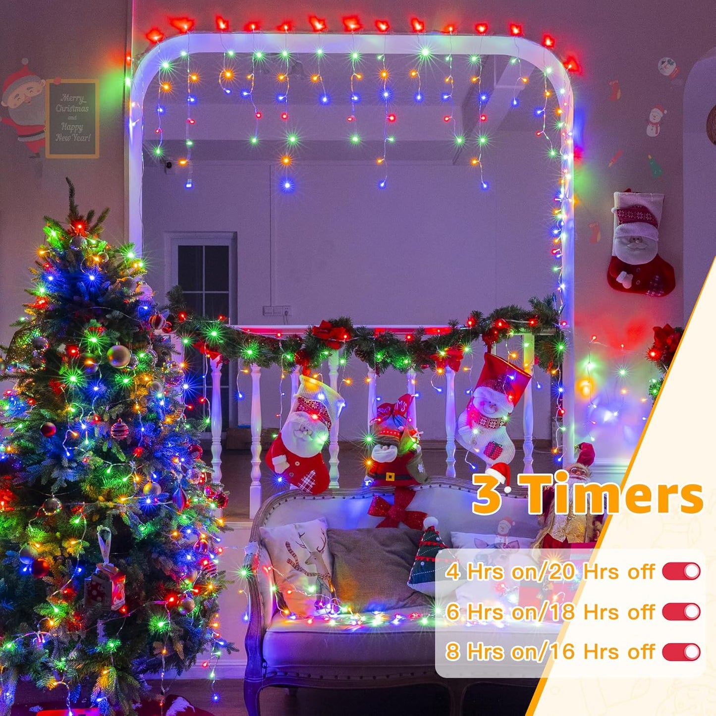 Ollny Icicle Lights for Outside 720LED 60FT, Multicolor Christmas Lights with Remote 8 Modes Dimmable, Waterproof Connectable Timer Hanging Light for House Outdoor Yard Indoor Decorations