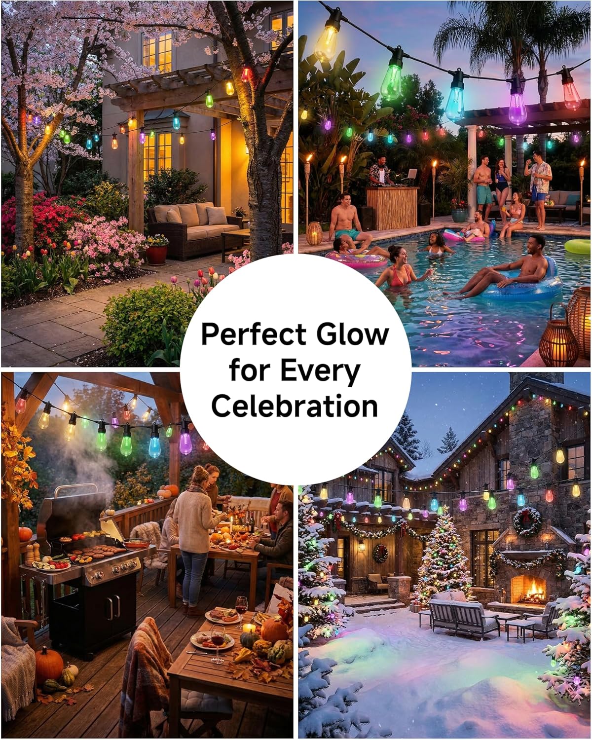 50FT Smart Outdoor String Lights, Color Changing ST48 Multi-color LED Patio Lights with Music Sync, Magic Lantern App & Remote, IP65 Waterproof Shatterproof Outdoor Lights for Cafe Bistro Backyard
