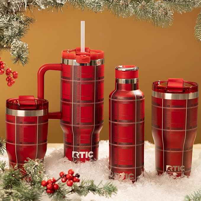 RTIC 30 oz Road Trip Tumbler Double-Walled Ceramic Lined InsulatedStainless Steel Portable Travel Coffee Mug Cup with Lid, Handle and Straw, Red Plaid