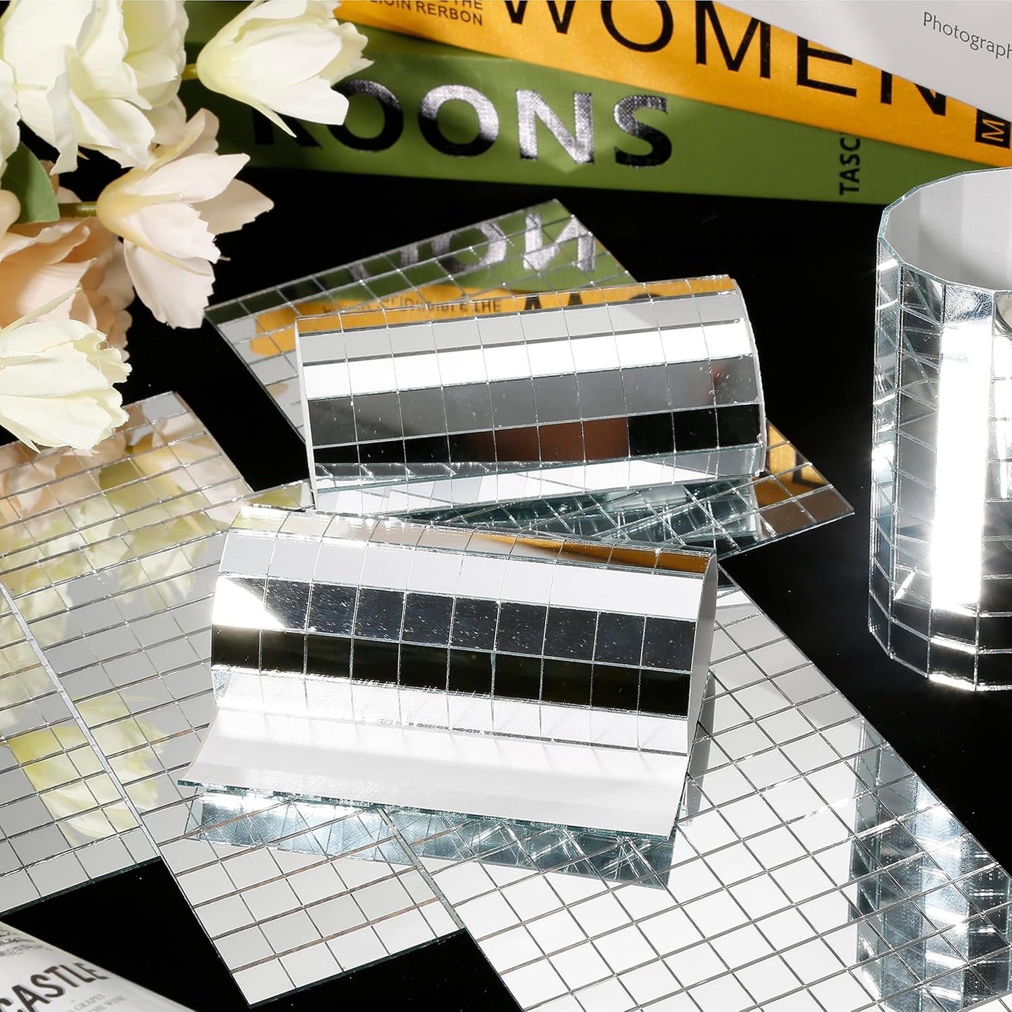 PP OPOUNT 1050 PCS Disco Ball Tiles, 10 x 10 mm Self-Adhesive Disco Tapes for DIY Craft Decoration, Small Mirror Tiles for Disco Balls, Art Collage, Indoor Outdoor Decoration(Silver)