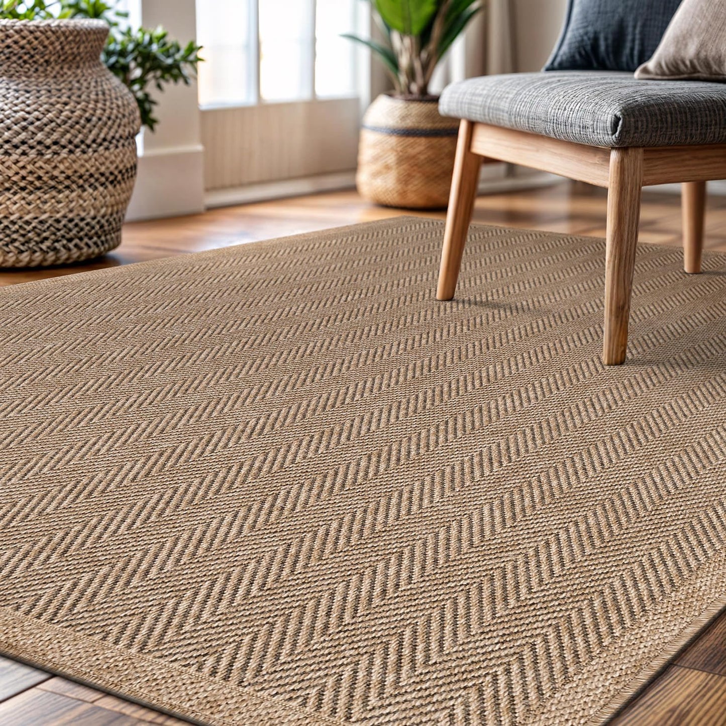 CAMILSON Easy Jute Rug 10x14, Indoor Outdoor Natural Color Fiber Area Rugs for Living Room Patio and Kitchen Rug Herringbone Woven Design Easy-Cleaning Washable Outside Carpet Alfombras 10 x 14