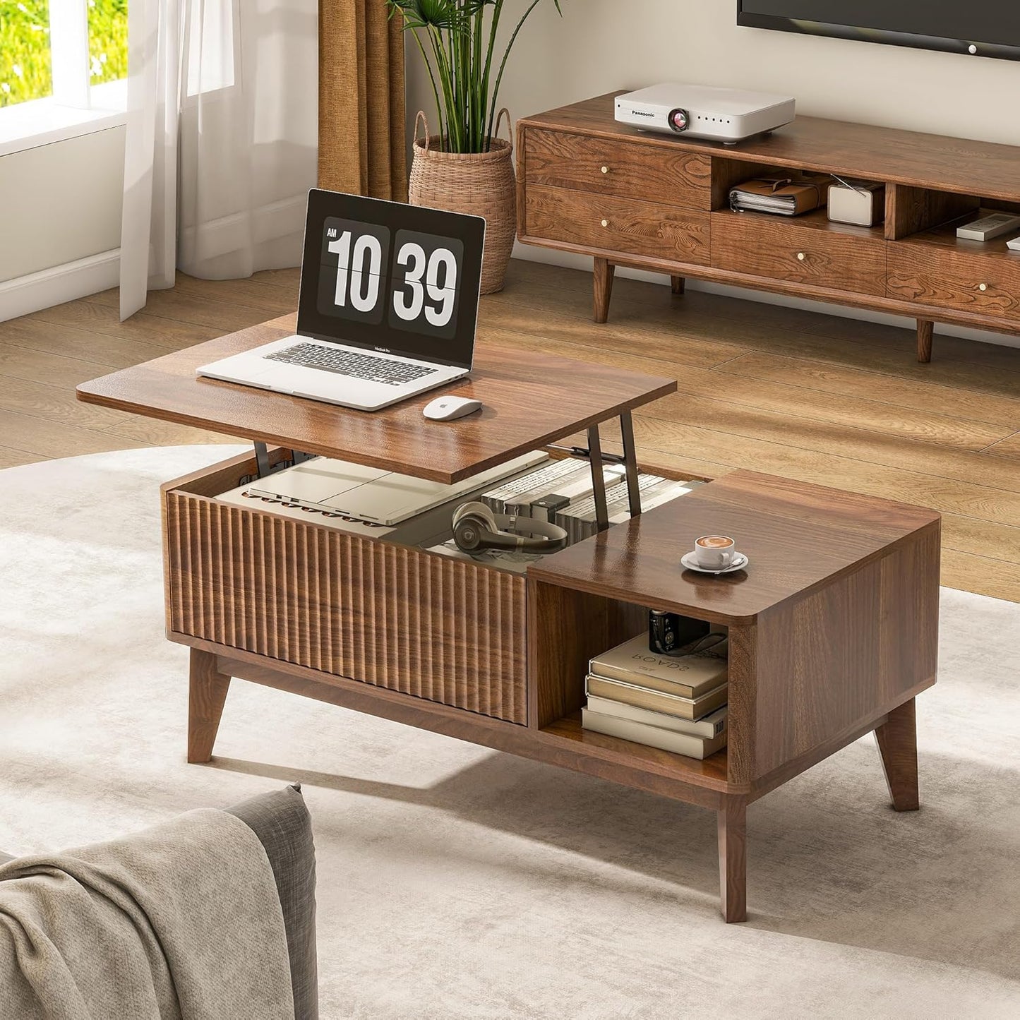 LYNCOHOME Fluted Lift Top Coffee Table with Storage, Modern Coffee Table for Living Room, Home Office(Walnut)