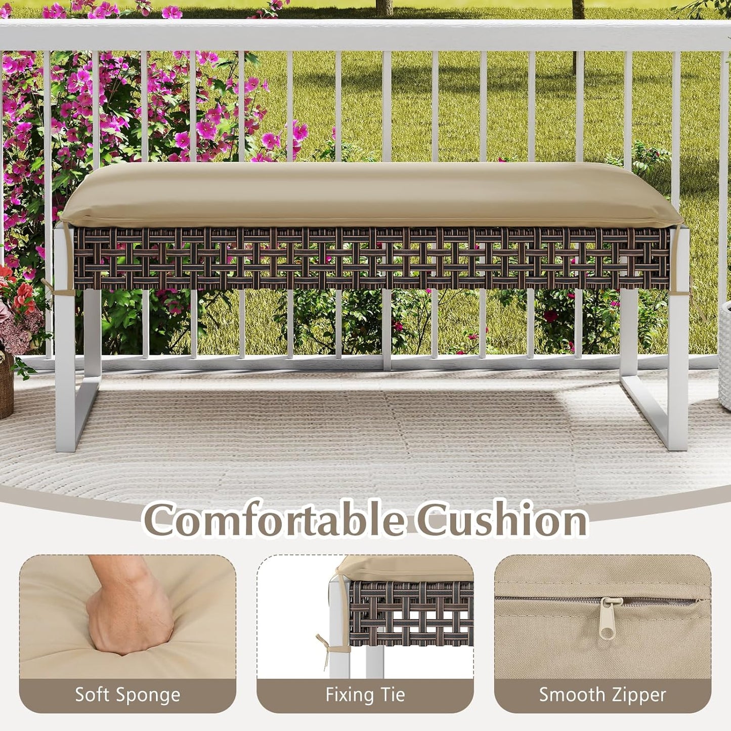 Tangkulka Outdoor Ottoman, Patio Rattan Heavy Duty Wicker Footrest with Soft Cushion & Metal Frame, Extra Seating, for Porch, Backyard, Lawn and Poolside (2)