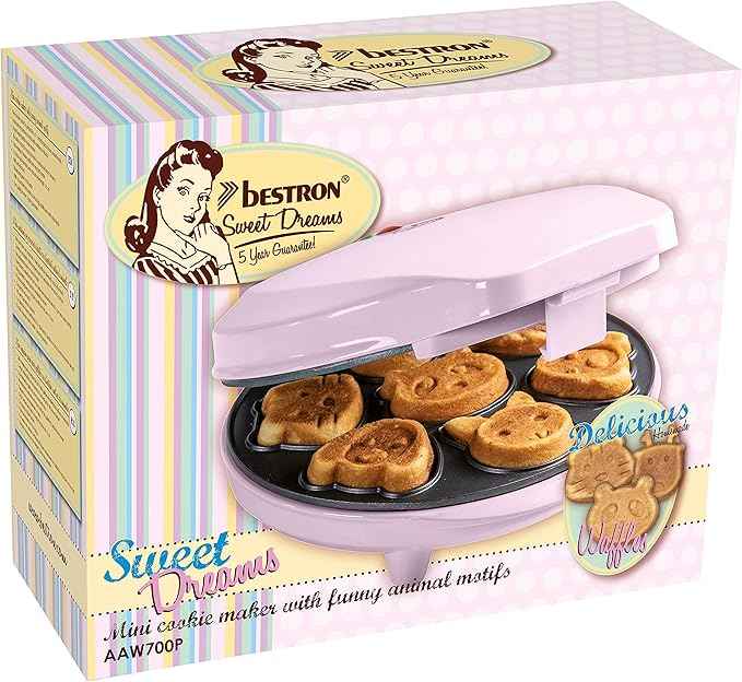 Bestron Mini Cookie Maker with Animal Pattern, Mini Waffle Mould, with Cooking Indicator & Non-Stick Coating, 700 Watts, Colour: Pink AAW700P