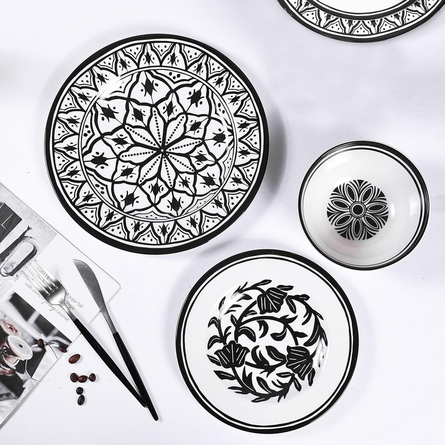 Melamine Dinnerware Sets-12pcs Melamine Plates and Bowls Set, Unbreakable, Dishwasher Safe, Indoor Outdoor Use, Ideals for Parties, Camping Dish Set, Black and White Pattern