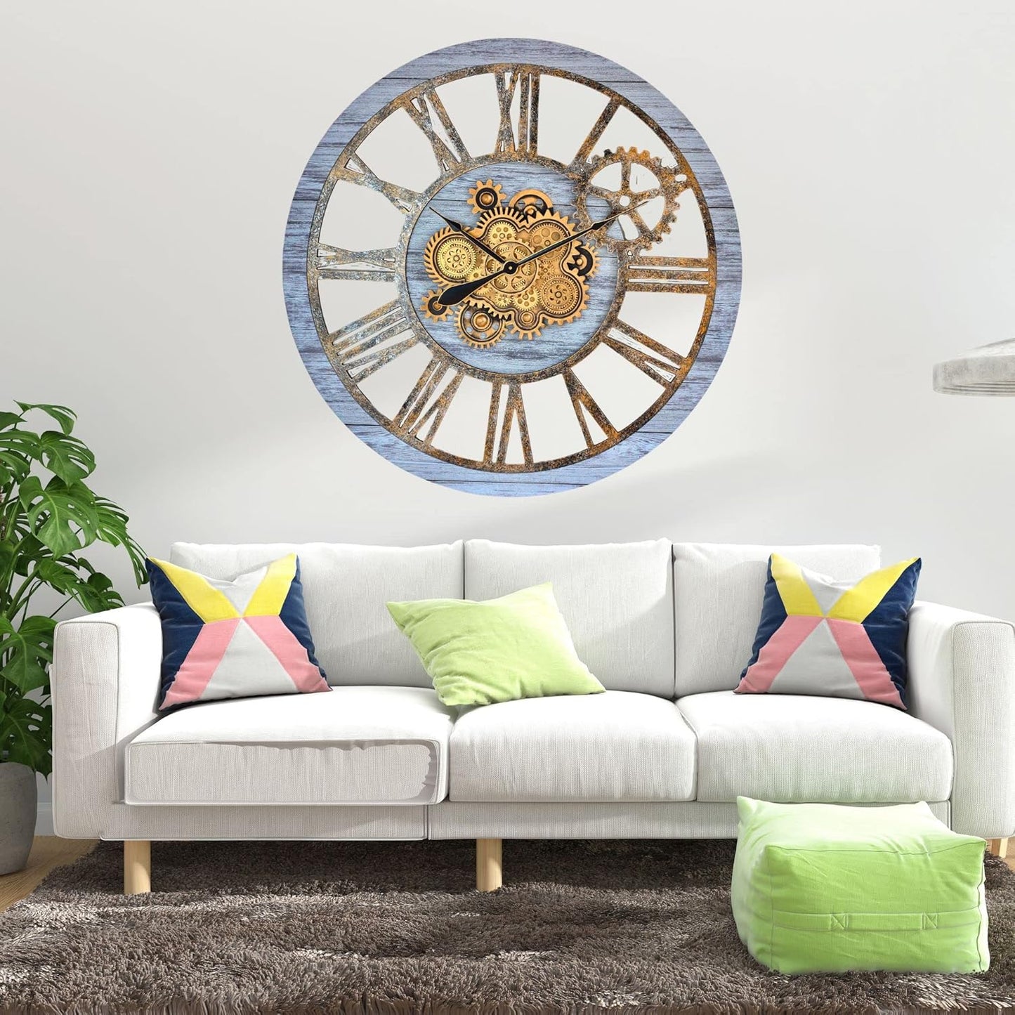 The Gears Clock 36'' Inch Real Moving Gear Wall Clock Vintage Industrial Oversized Rustic Farmhouse (Silver Grey)