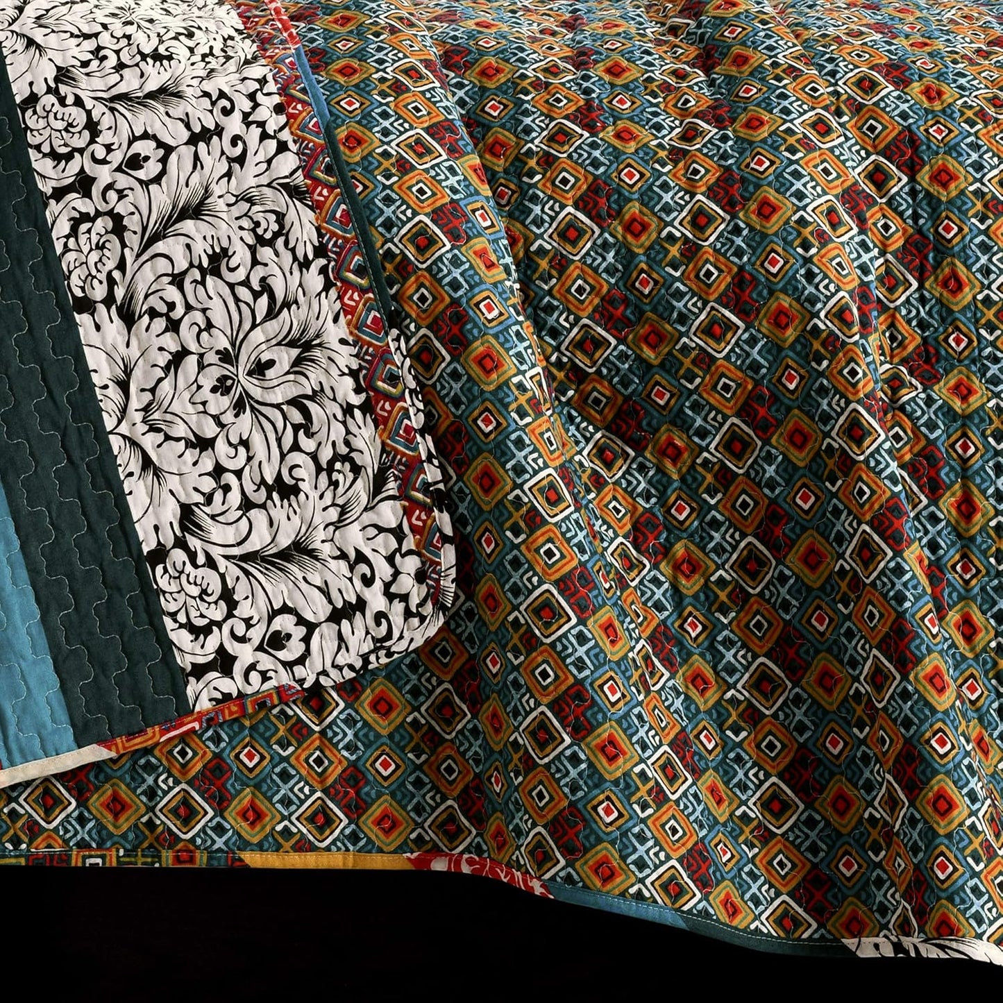 Lush Decor Boho Stripe Reversible Cotton Quilt 3-Piece Set, King, Turquoise & Tangerine - Bold Colorful Bohemian Bedding Set