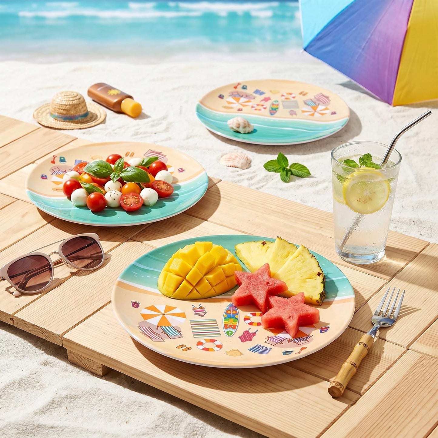 Melamine Plates Set of 6, 10-Inch Unbreakable Melamine Dishes, Reusable Dinner Plates Set, Dishwasher Safe Outdoor Dinnerware for for Poolside, Picnic, RV,Camping Party(Summer Beach )