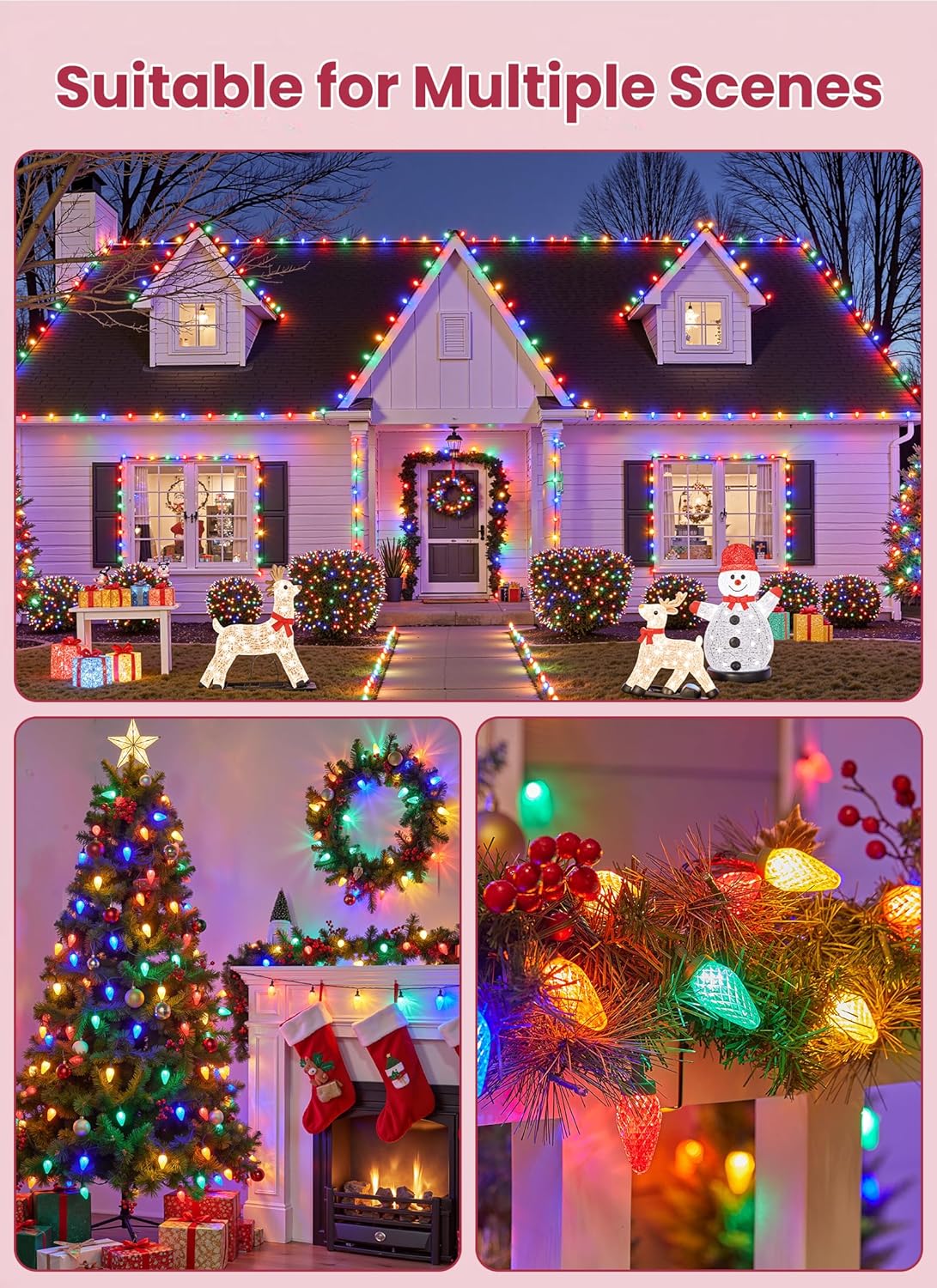 C9 LED Christmas Lights Outdoor, 68 Feet 100 LED Strawberry String Lights with 100 Spring Clamps, Waterproof Commercial Grade Extendable for Outside Roofline Patio Home Xmas Decoration, Multicolor
