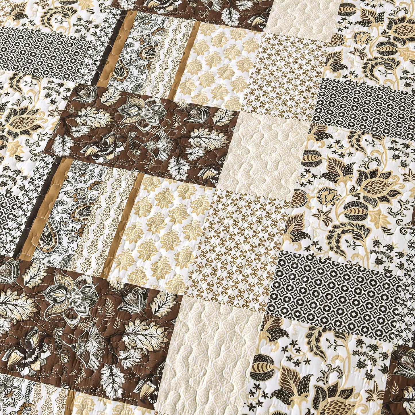 WONGS BEDDING Quilt Set Queen Size Brown, 3 Pieces Patchwork Plaid Bedspread Coverlet Set, Floral Soft Microfiber Bedding Set for All Season(96"×90")