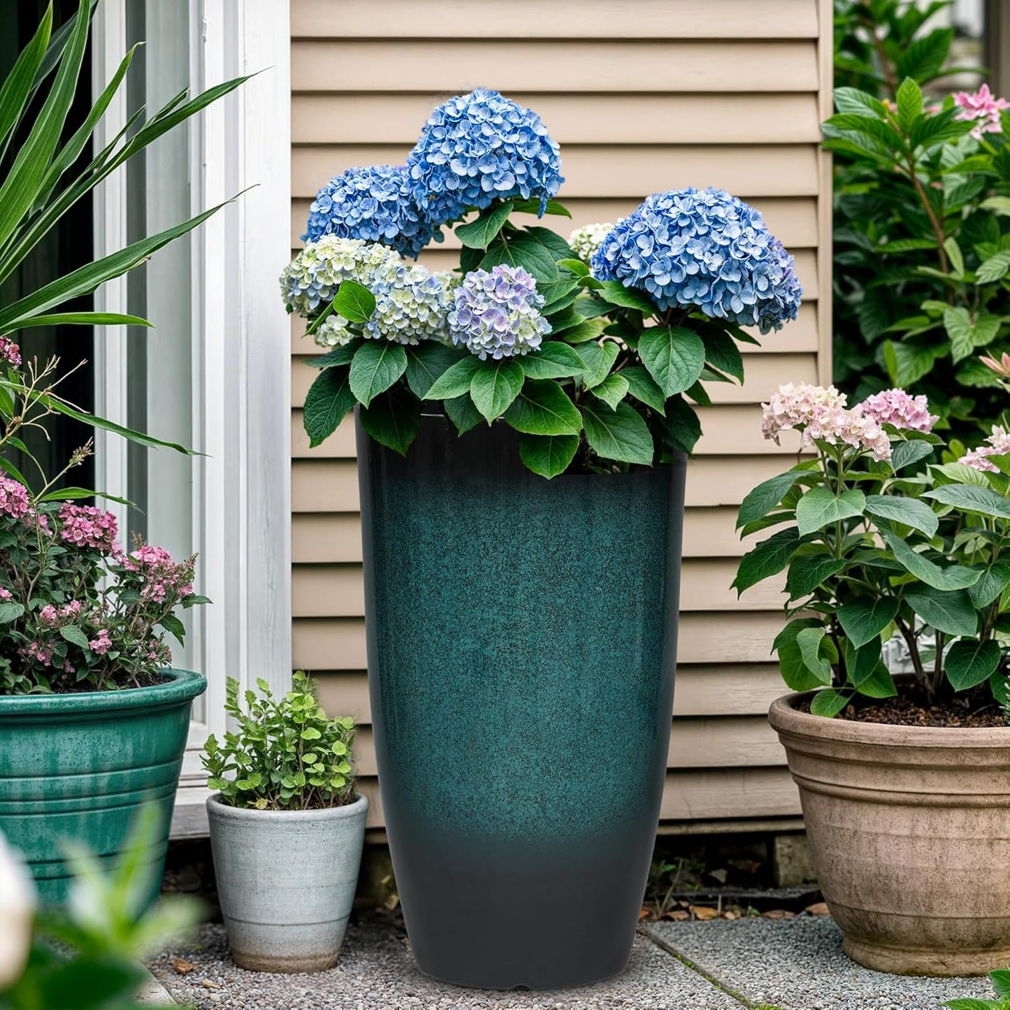 Tall Outdoor Planters, Set of 2 Large Flower Pots for Outdoor Plants, with Gradient Turquoise Finish, Weather-Resistant for Porch, Garden, Patio