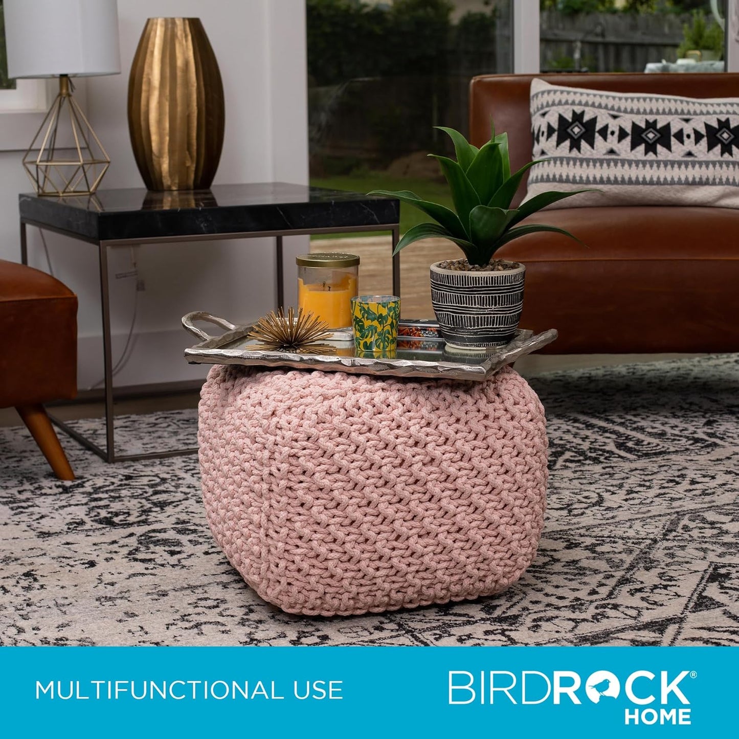 BIRDROCK HOME Square Pouf Ottoman | Cotton Braided Foot Stool with Bean Bag Filling | Boho Foot Rest for Living Room, Bedroom | Compact & Comfortable Seating, Lightweight & Sturdy | Dusty Rose