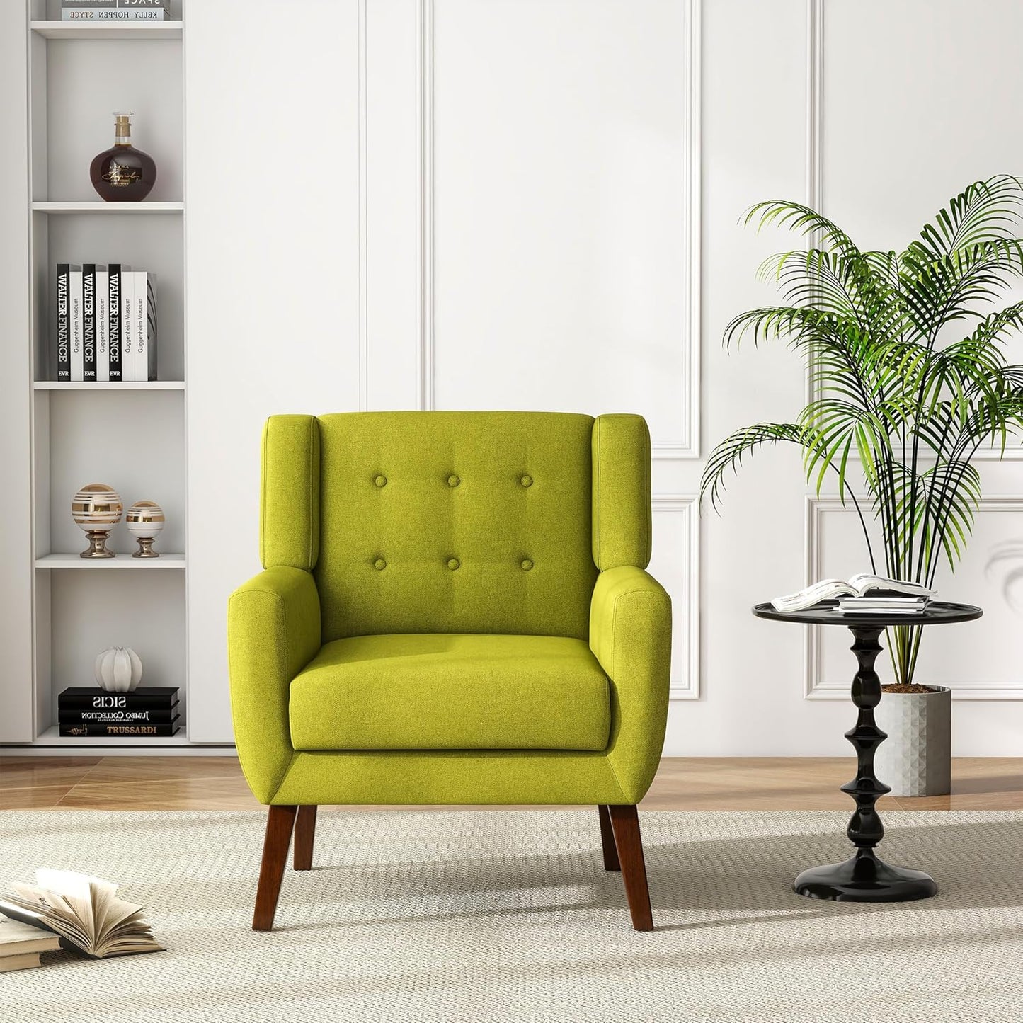 UIXE Accent Chair, Modern Upholstered Armchair in Fabric for Living Room, Comfy Club Arm Chairs Single Sofa Button Tufted Bedroom Reading Seat - Green, Set of 4