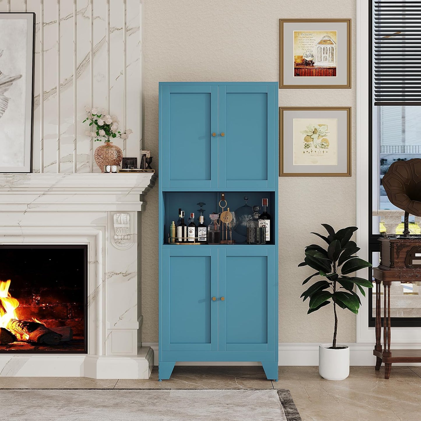 68.9'' Metal Pantry Cabinet, Kitchen Pantry Storage Cabinets with Doors and Microwave Shelf, Tall Freestanding Storage Cabinets with Anti-tip Design, for Dining Room Living Room Bathroom(Blue)