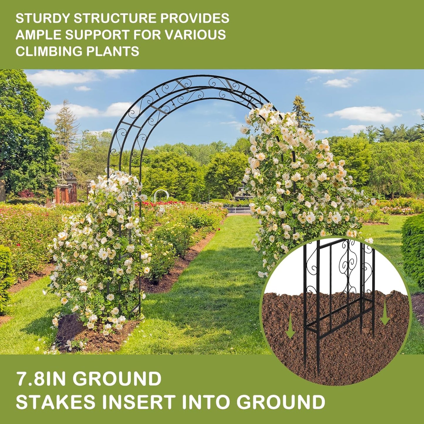 Outvita 7FT Garden Arch Arbor with Entry Door, Heavy Duty Metal Arbour Archway, Decorative Frame Stand Trellis with Ground Stakes for Wedding Ceremony Party Plant Climbing Rose Vines Patio Black