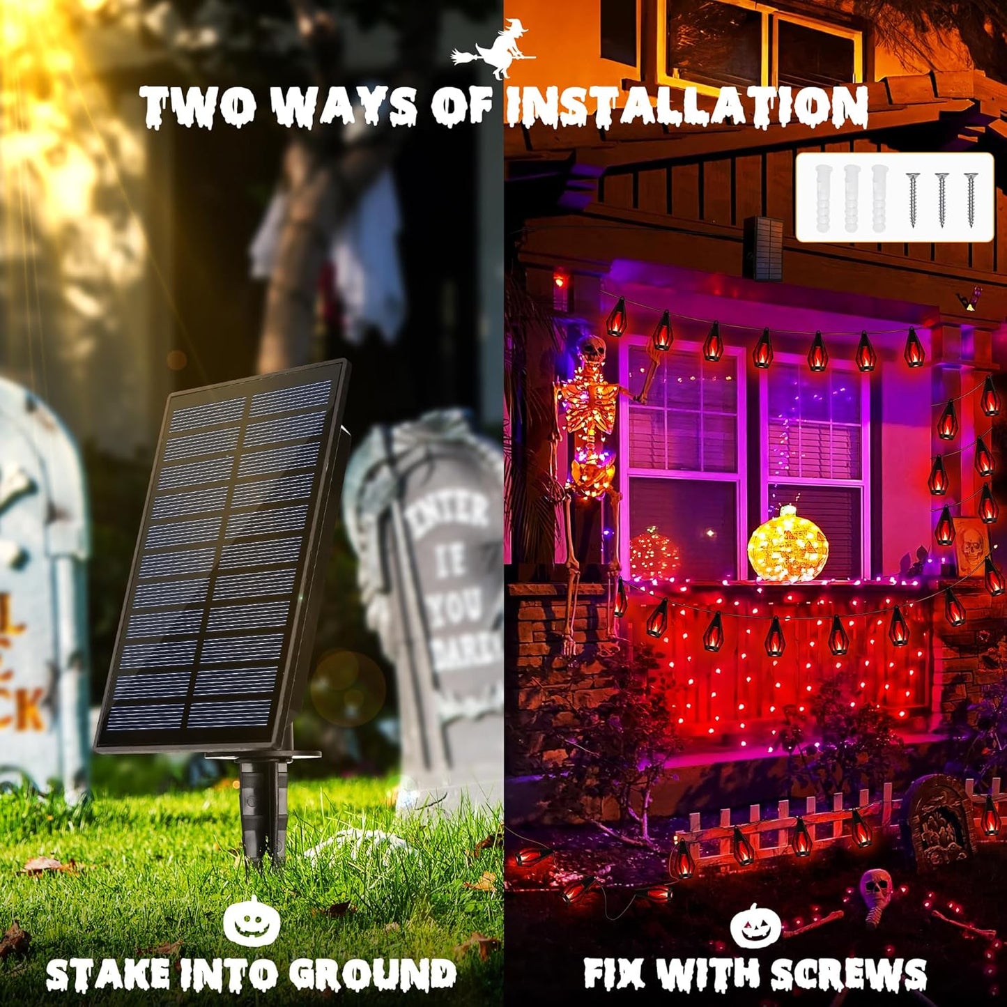 iBaycon Solar Halloween Lights, 42Ft 15 LED Bulbs Flickering Flame String Light, Outdoor Waterproof Solar Flame Lights for Garden Yard Patio Halloween Decorations (Red)