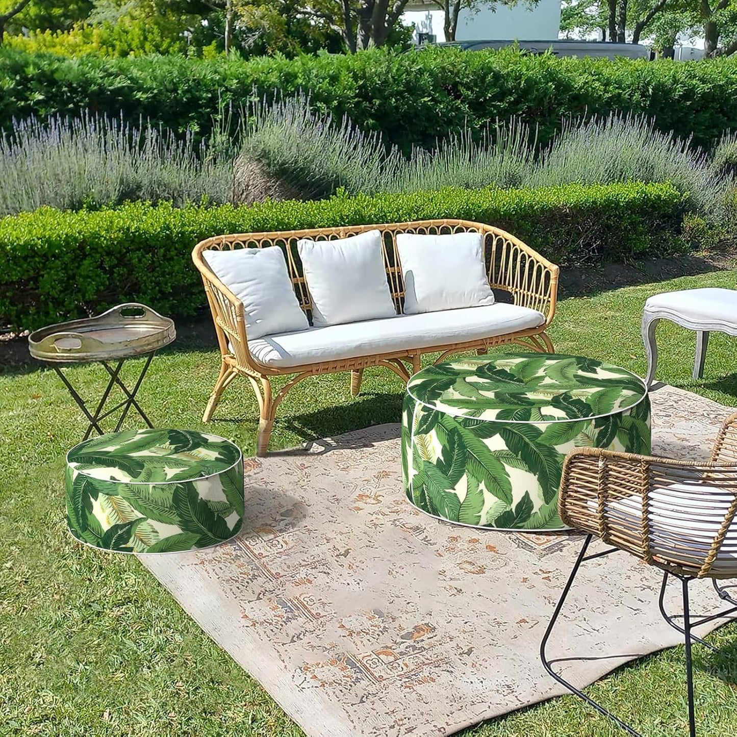 LVTXIII Outdoor/Indoor Round Inflatable Ottoman, All Weather Patio Footstool, Portable Footrest Seat for Patio Garden, Camping or Home, 21"x21"x9", Swaying Palms Green