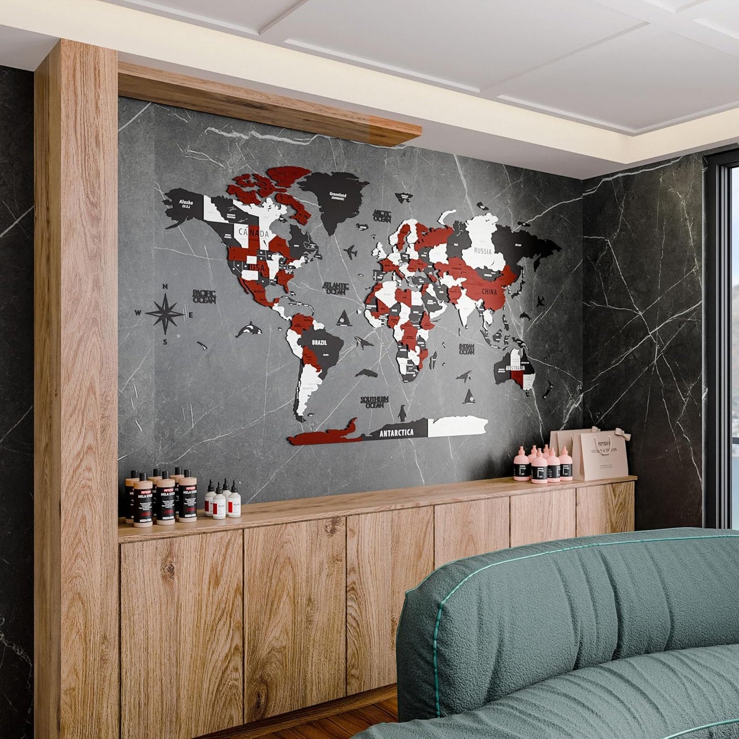 Colorfull Worlds 3D Wooden World Map Wall Art | Unique Wall Decor with Pins for Travel Enthusiasts | Home and Office Wall Décor | Burgundy | Large
