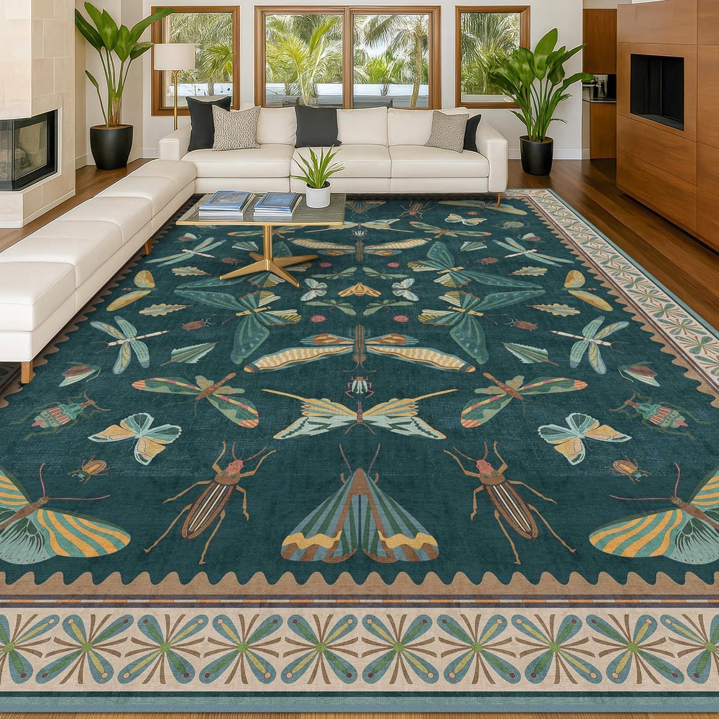 Teal Green Living Room Rugs - 10x14 Large Area Rug for Dining Room, Big Bedroom, Playroom Kids, Foldable Insect Décor