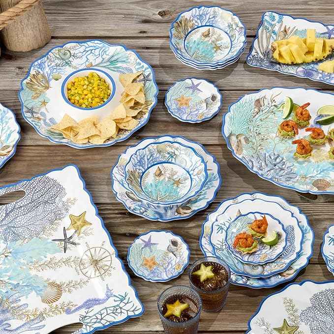 Blue Lagoon Melamine 12-Piece Dinnerware Set – Coastal Coral and Shell Design, Service for 4 – 11" Dinner Plates, 9" Salad Plates, and 28oz Bowls – Durable, Lightweight, BPA-Free, Dishwasher SafE