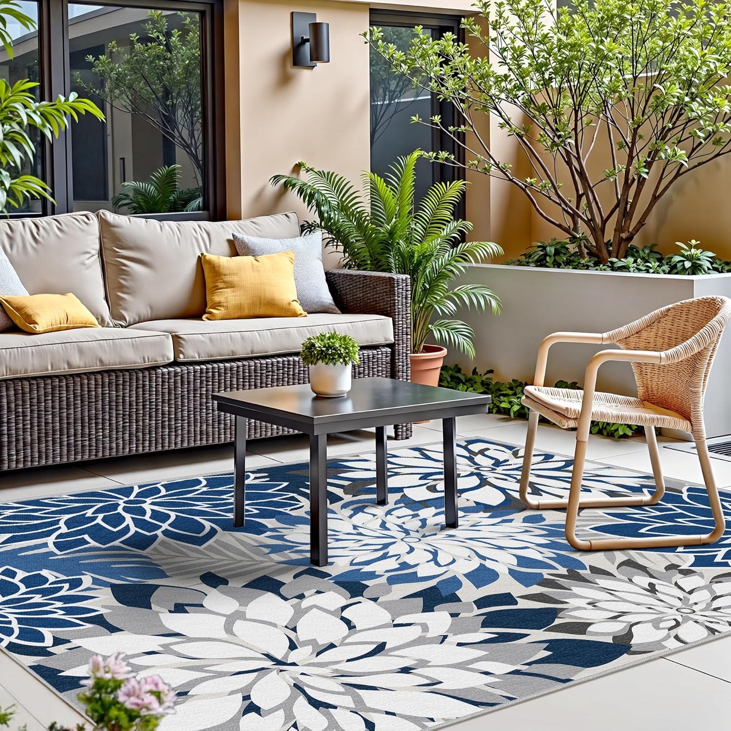 Indoor Outdoor Area Rug Washable Multicolored Patio Rug Tropical Botanical Modern Floral Indoor Outdoor Carpet Blue White Rug Non Slip for Patio, Deck, Backyard, Porch (9x12)