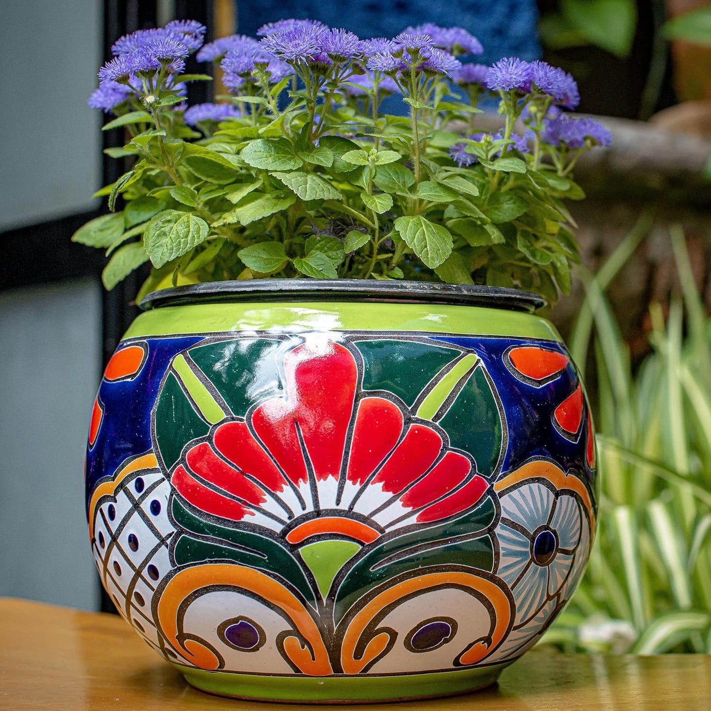 Evergreen Garden Talavera Mexican Pottery Ceramic Green Detailed Baul | Flower Pot Plant Succulent | Indoor Outdoor (9 inch)