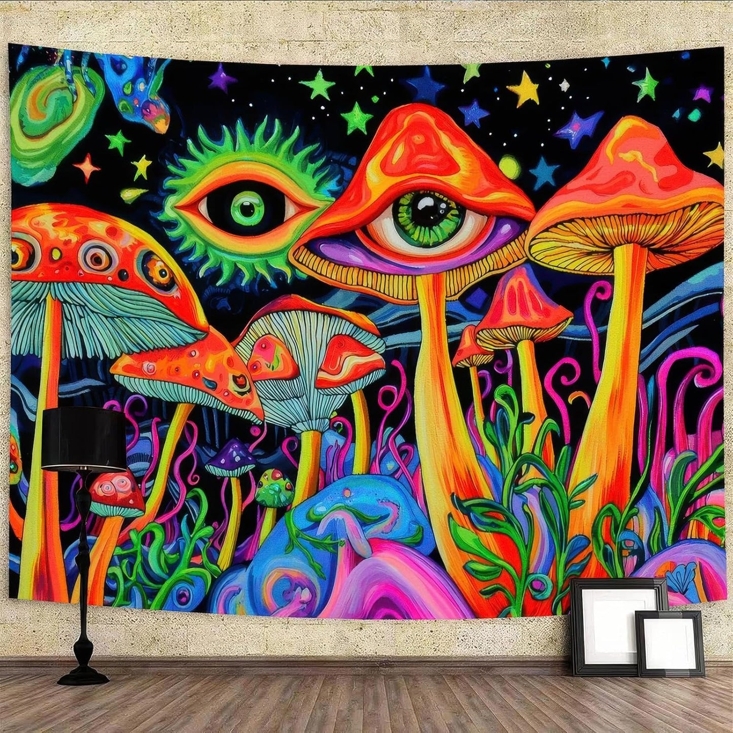 BlissYard Blacklight Tapestry Mushrooms Tapestry for Bedroom Uv Reactive Tapestry 78x59 Inches Cosmic Mushrooms Wall Hanging, Fluorescent Art Decoration with Eyes, Stars, and Psychedelic Design