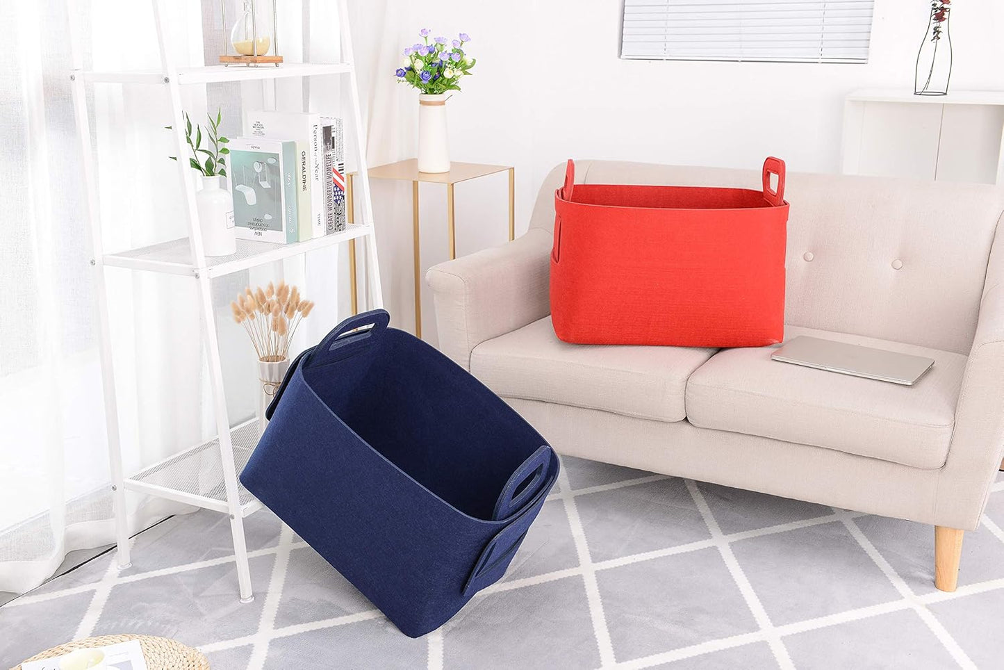 Storage Basket Felt Storage Bin Collapsible& Convenient Box Organizer with Carry Handles for Office Bedroom Closet Babies Nursery Toys Laundry (Navy Blue, 19.9inch(L)×13.6inch(W)×12.6inch(H))