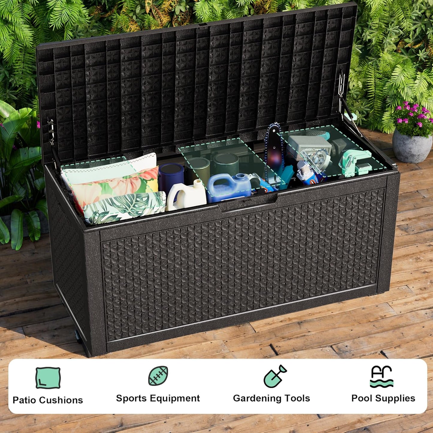 100 Gallon Resin Deck Box, Lockable Outdoor Storage Box for Patio Cushions Storage Furniture,Garden Tools, Pool Supplies, Weatherproof and UV Resistant(Black L)