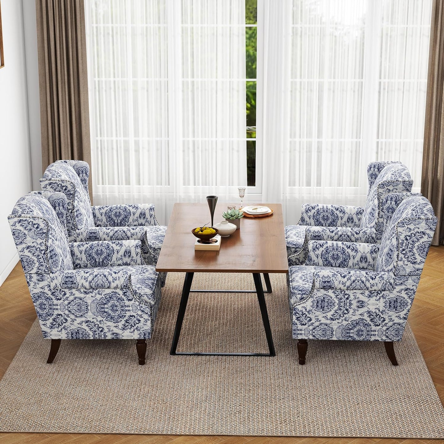 Floral High Back Accent Chair, Upholstered Armchair with Solid Wood Legs, Comfy Wingback Reading Single Sofa Chair for Small Spaces, Living Room, Bedroom(Floral Navy Blue, Set of 1)