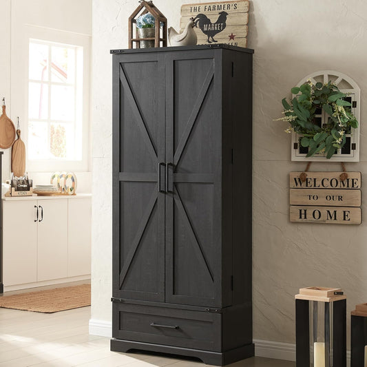 72 inch black farmhouse kitchen pantry cabinet with barn doors and multiple shelves