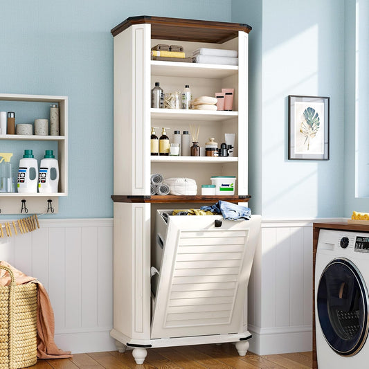 White farmhouse laundry hamper cabinet with tilt-out basket and 4-tier storage shelves