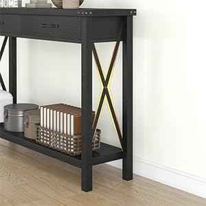 Farmhouse Console Table with 2 Drawers – Narrow Wood Sofa Table – Storage Shelf – Classic Entryway or Living Room Accent Furniture – Black