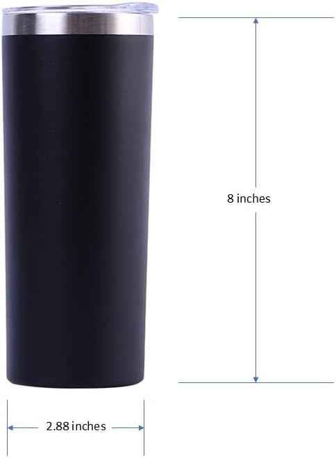 20 oz Powder Coated Cup Double Wall Stainless Steel 20oz Skinny Straight Tumbler with Lid: Black