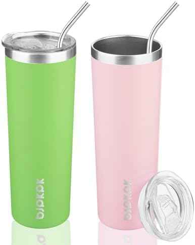BJPKPK 20 oz Skinny Tumbler with Lid Slim Insulated Travel Coffee Cup Stainless Steel Thermal Mug,Green,Light Pink (Pack of 24)