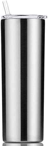 Double Wall 18/8 Stainless Steel Vacuum slim skinny tumbler with straw and lid, insulated travel mug keeping beverage cold and warm (Stainless steel, 20oz)