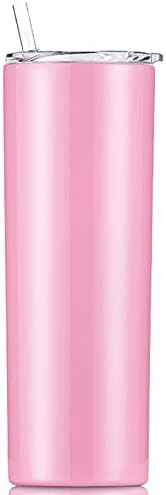 Double Wall 18/8 Stainless Steel Vacuum slim skinny tumbler with straw and lid, insulated travel mug keeping beverage cold and warm (pink, 20oz)