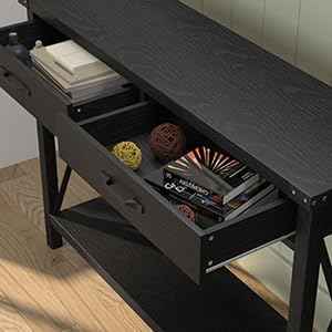 Farmhouse Console Table with 2 Drawers – Narrow Wood Sofa Table – Storage Shelf – Classic Entryway or Living Room Accent Furniture – Black