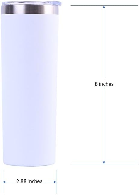 20 oz Powder Coated Cup Double Wall Stainless Steel 20oz Skinny Straight Tumbler with Lid: White