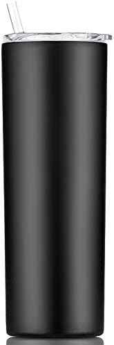 Double Wall 18/8 Stainless Steel Vacuum slim skinny tumbler with straw and lid, insulated travel mug keeping beverage cold and warm (black, 20oz)