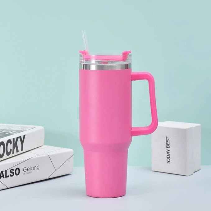 40oz Insulated Travel Mug Tumbler With Handle and Straw,Stainless Steel Double Wall Vacuum Cup Keep Drink Cold and Hot (Rose red)