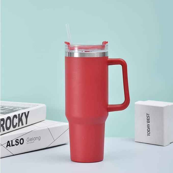 40oz Insulated Travel Mug Tumbler With Handle and Straw,Stainless Steel Double Wall Vacuum Cup Keep Drink Cold and Hot (Red)