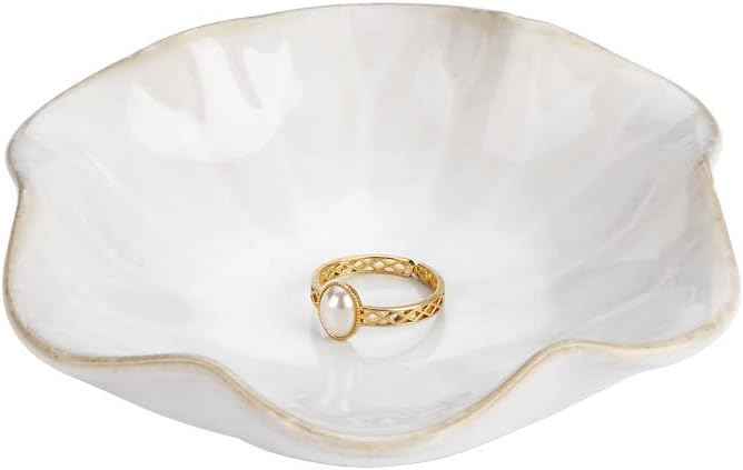 JAMEND CLXP Lotus Leaf Shape Ring Holder Dish, Small Key Bowl, Ceramic Trinket Tray Jewelry Dish Organizing Necklace Earrings for Mom Friend Sister, White. All Jewelries Are NOT Included.