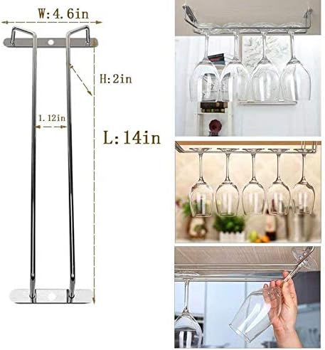 14-Inch Wine Glass Rack, Under Cabinet Wine Glass Holder Stainless Steel Chrome Finish Stemware Rack - Hanging Stemware Holder for Cabinet Kitchen Bar, Set of 4