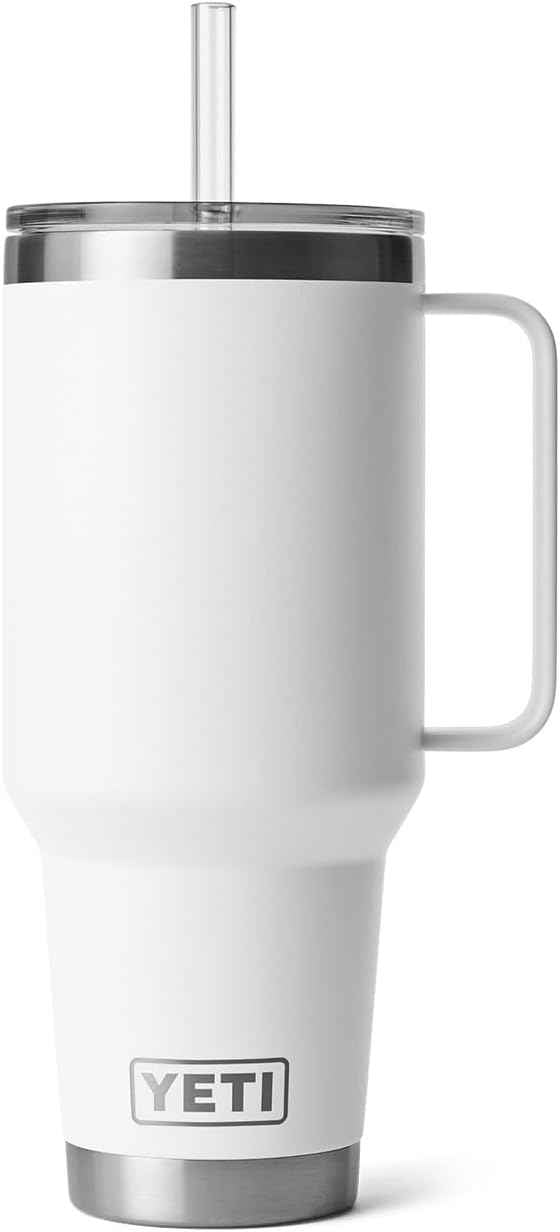 YETI Rambler 42 oz Tumbler with Handle and Straw Lid, Travel Mug Water Tumbler, Vacuum Insulated Cup with Handle, Stainless Steel, White