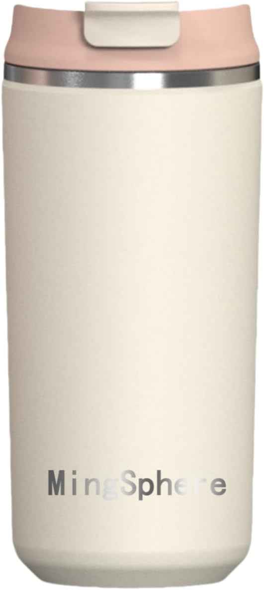Travel Coffee Mug with Lid, 12 oz Insulated Tumbler, Leak Proof Stainless Steel Cup, for Hot Coffee, Iced Tea & Water, BPA Free, Car Cups Holder Friendly, Beige