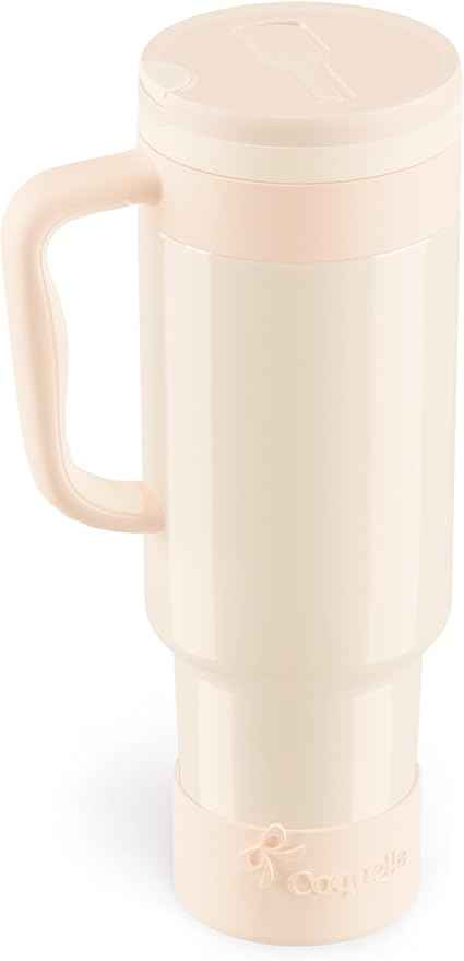 40 oz Insulated Tumbler with Handle and Push-Button Straw Lid, Stainless Steel Travel Cup for Gym Office, Leakproof, BPA-Free, Cup Holder Friendly, Bow Silicone Boot, Cream (Cloudy Cream)